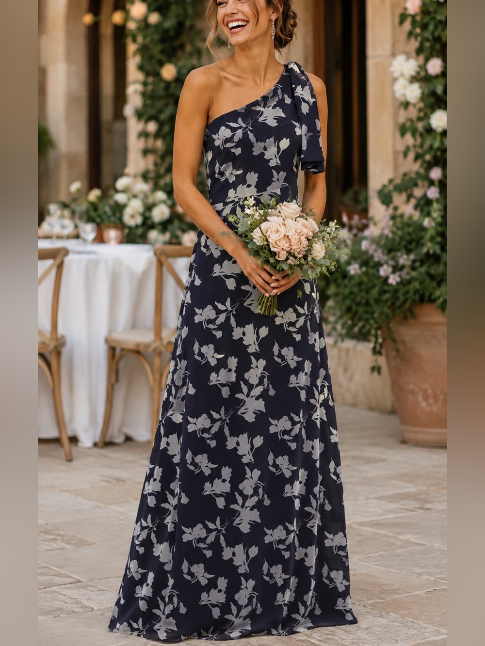 Sachin & Babi Chelsea Gown Navy Floral One Shoulder Dress NWT Size 4